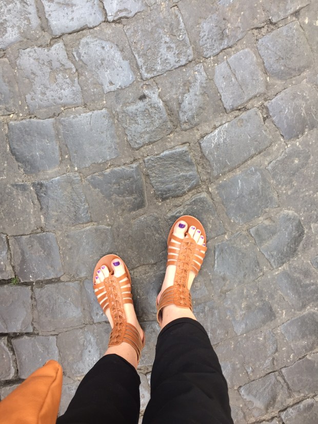 My one pair of two pair of shoes I brought on the trip. And those streets. So beautiful to think about the many people who have traveled on the streets of Rome. 